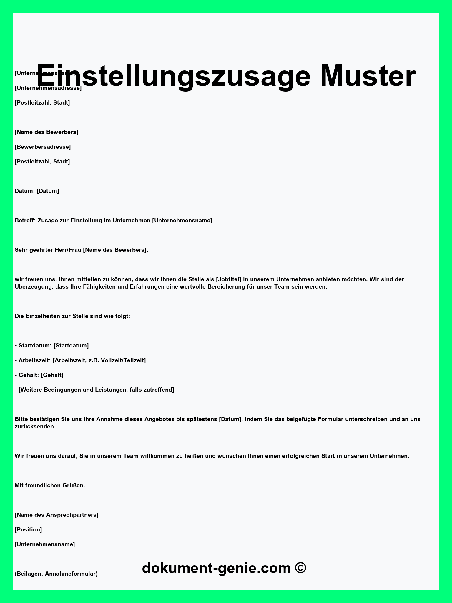Einstellungszusage Muster - PDF - Word
