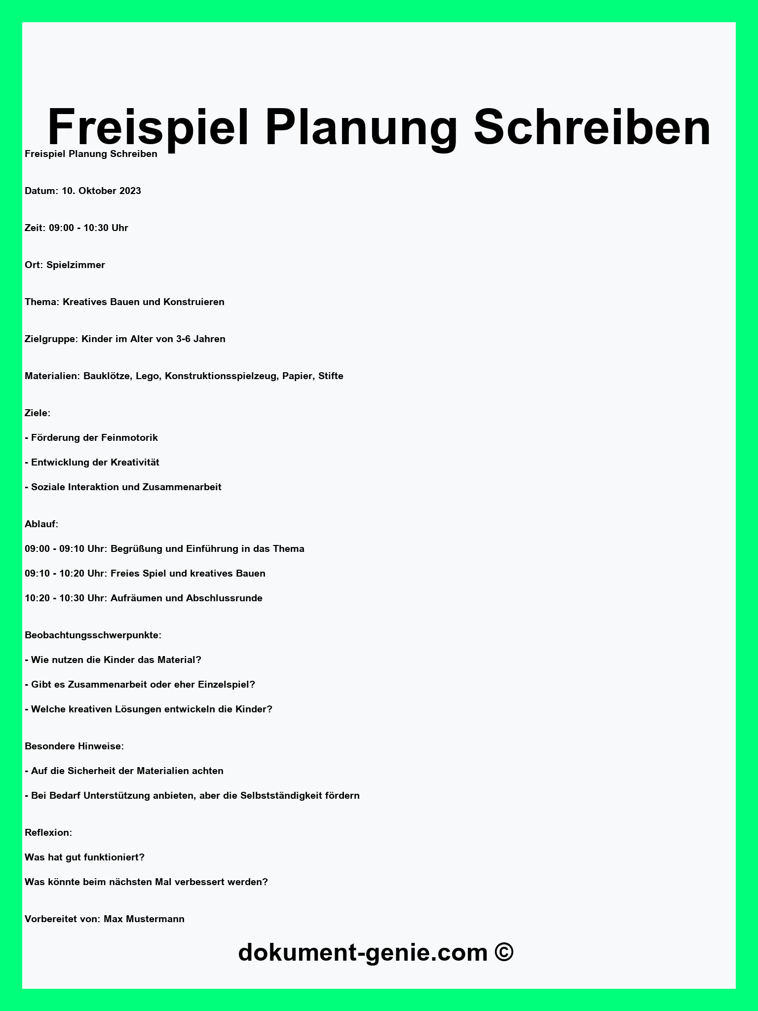 Freispiel Planung Schreiben - PDF - Word
