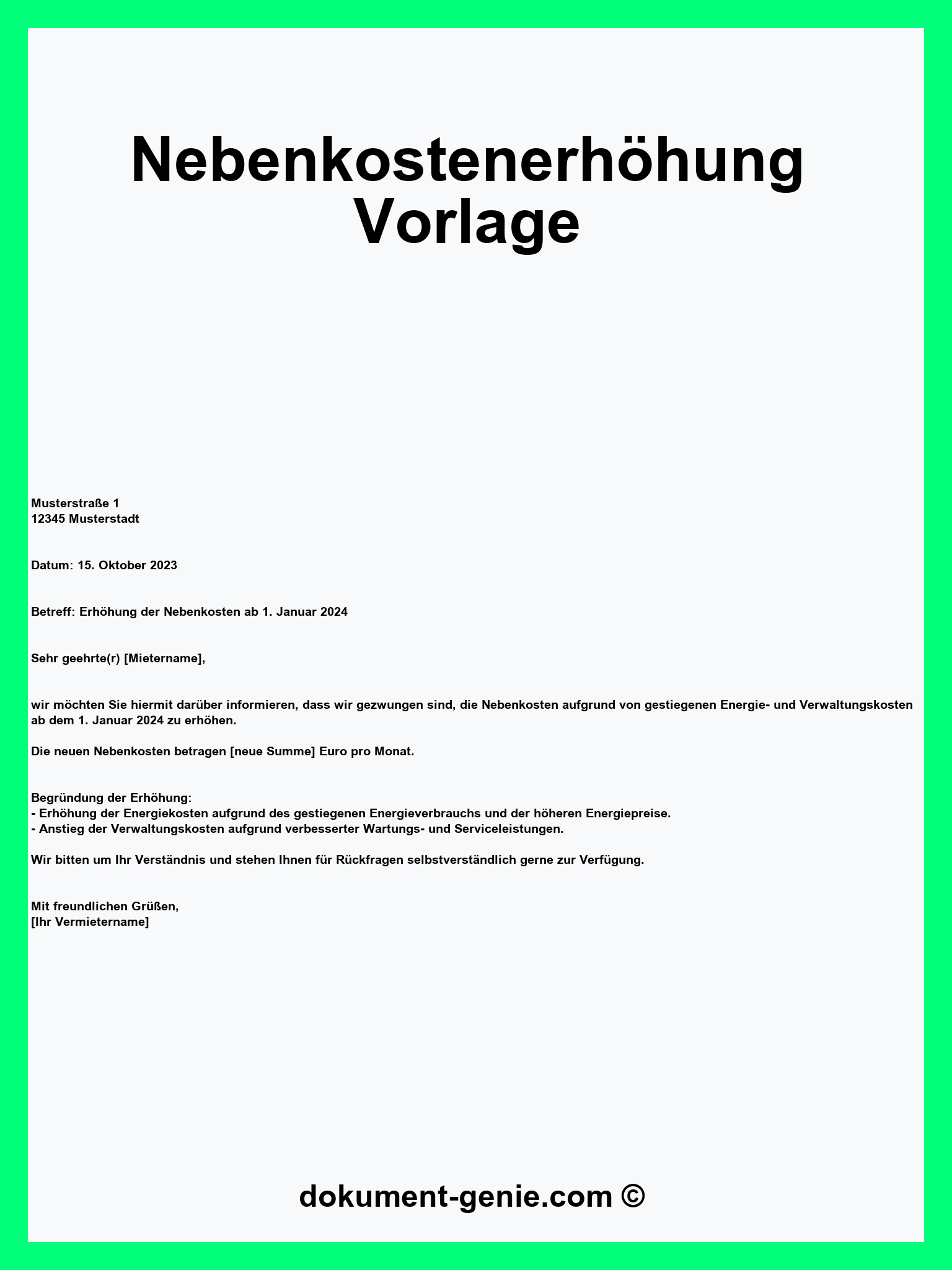 Nebenkostenerhöhung Vorlage - PDF - Word