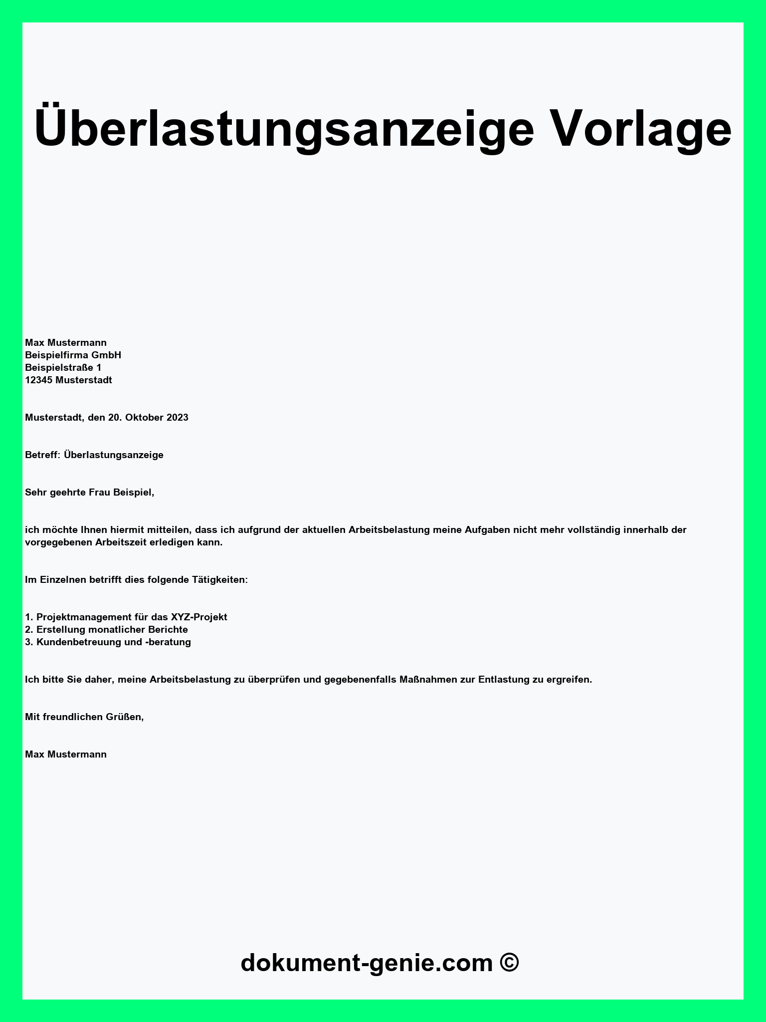 Überlastungsanzeige Vorlage - PDF - Word