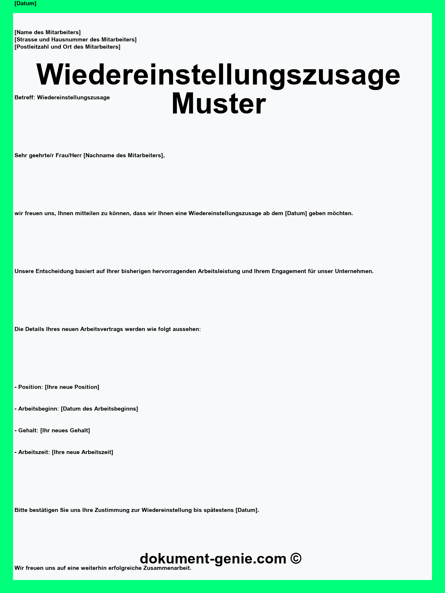 Wiedereinstellungszusage Muster - Word - PDF